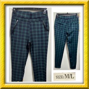 Women Tartan Plaid Ankle Pull On Stretch Pants Pockets Black Green Size M/L BOGO